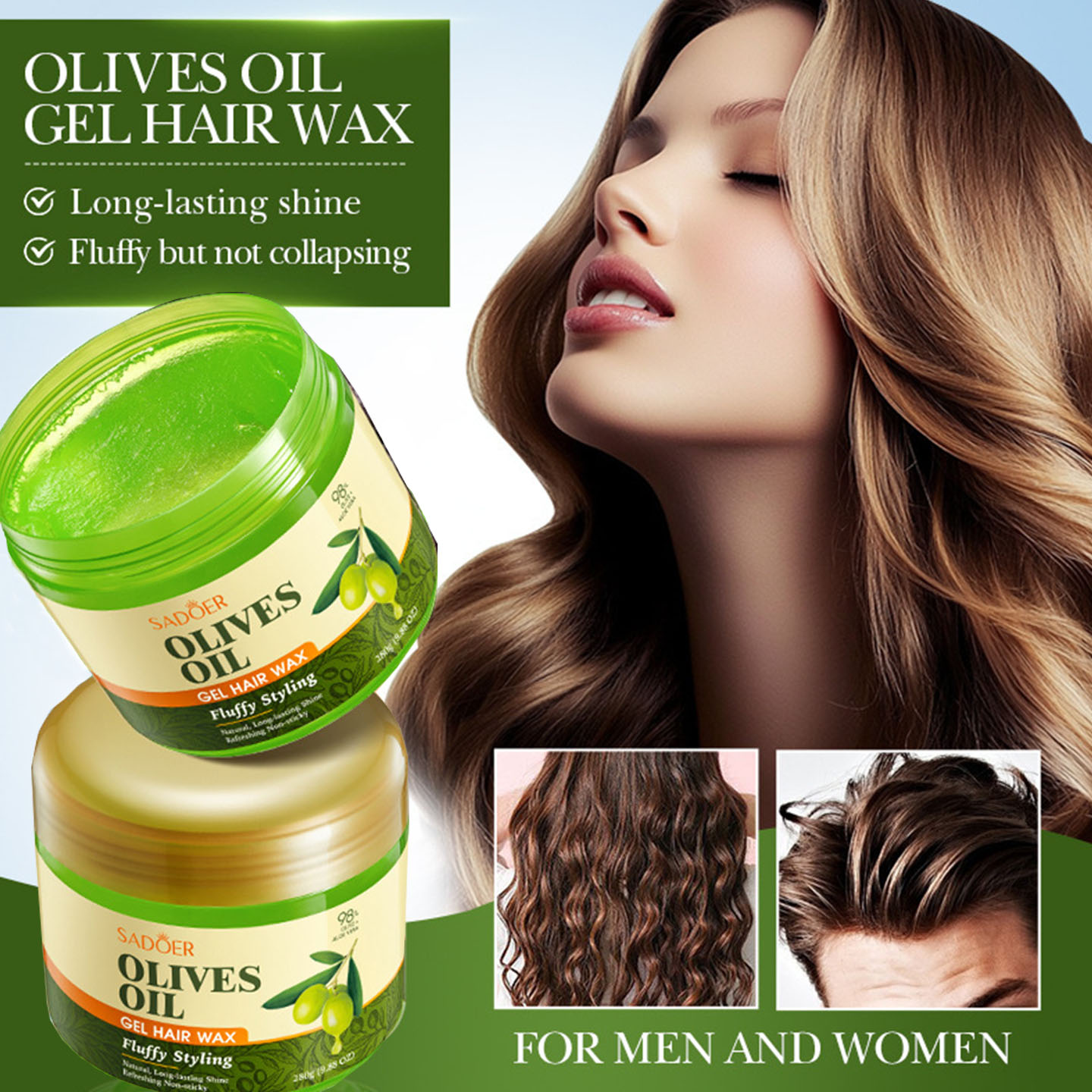 Hair Care Olive Oil - เจลจัดแต่งทรงผมบำรุงด้วยน้ำมันมะกอก แว็กซ์จัดแต่งทรงผมฟู ง่ายต่อการดูดซึม บำรุงและเพิ่มความชุ่มชื้นยาวนาน ผลิตภัณฑ์ดูแลเส้นผม